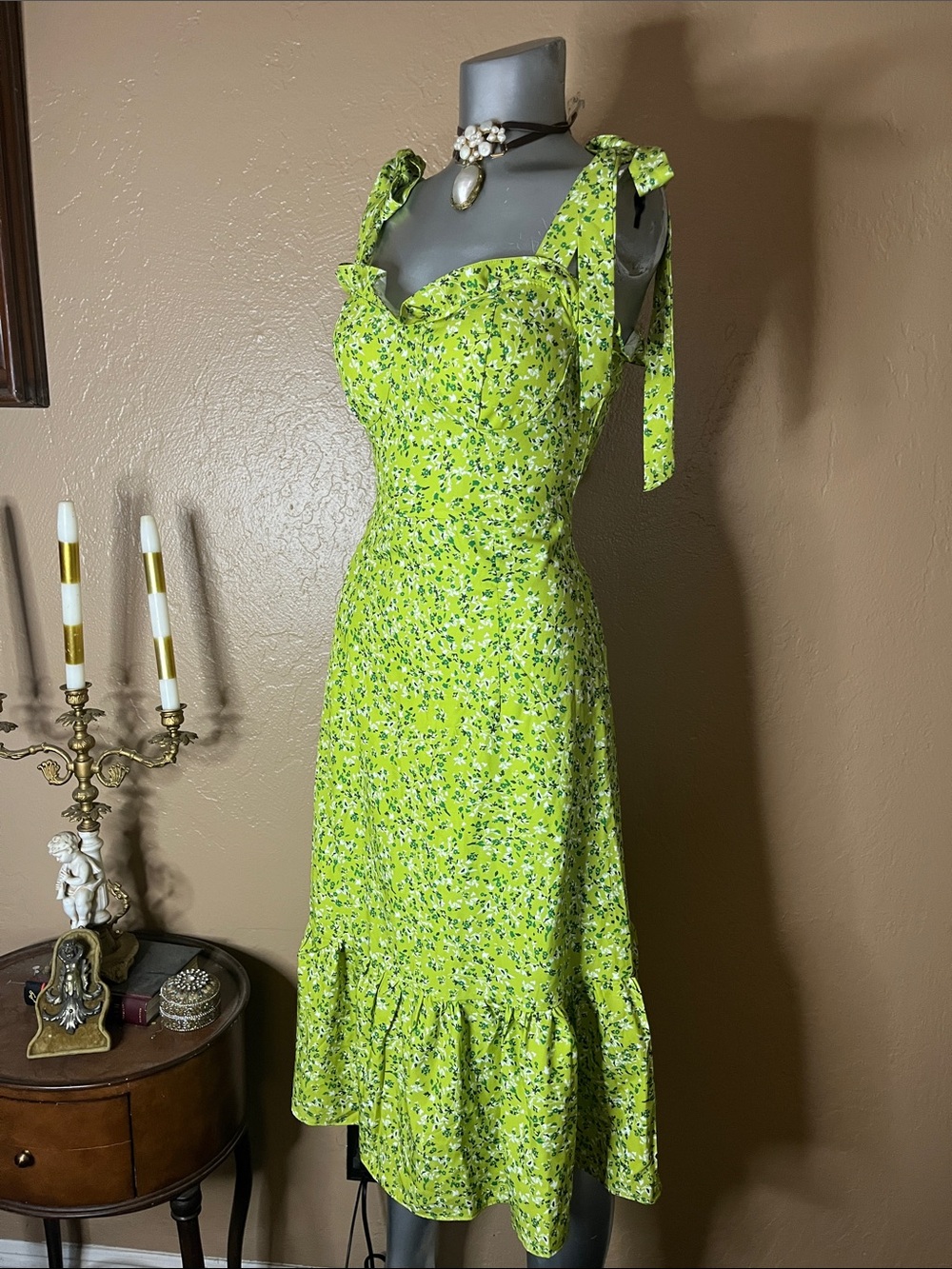 NWT Loewe Green Floral Tie-Shoulder Midi Dress.  Sz M